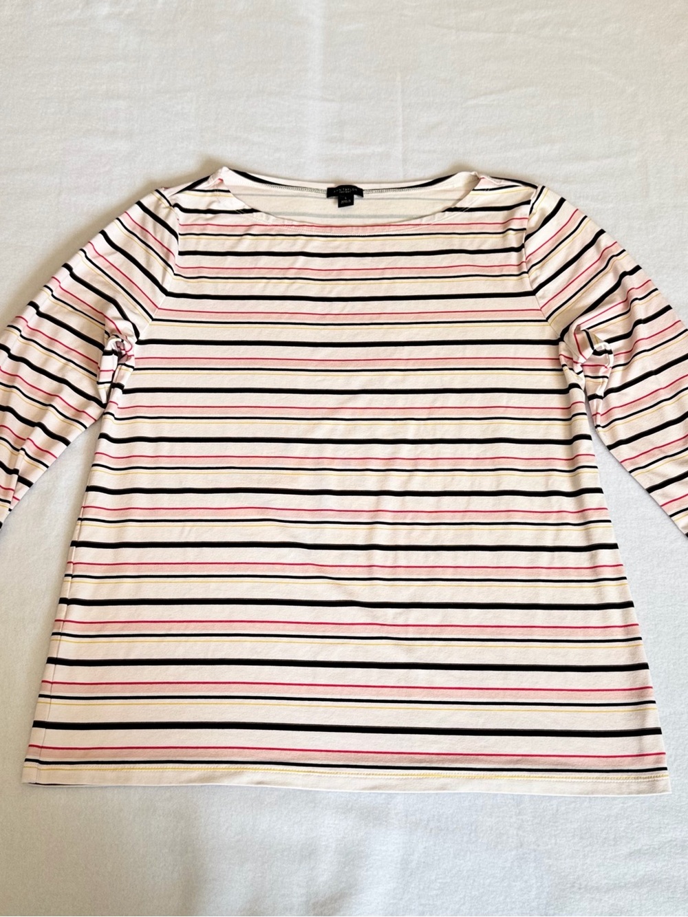 Ann Taylor Factory Women Striped Boat Neck 3/4 Sleeve Top White Pink Black L